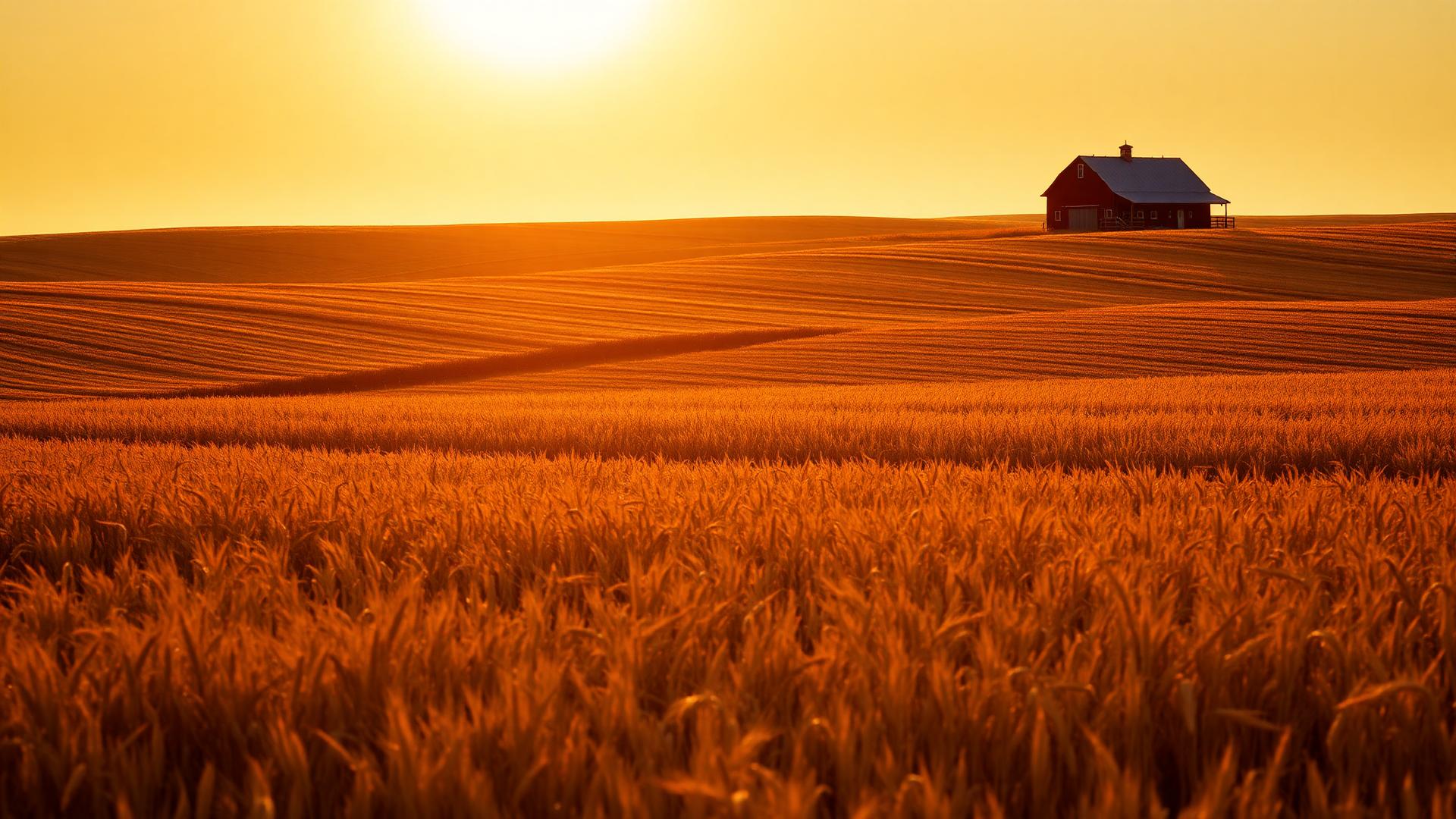 Golden wheat fields at sunset with a red barn on the horizon